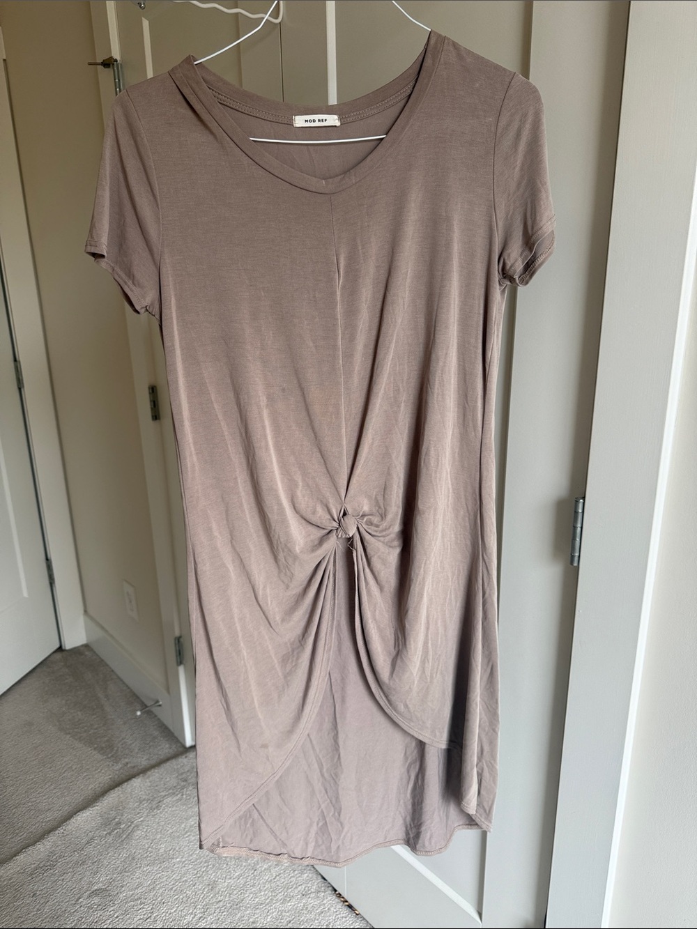 Mod Ref Taupe Knot-Front Short Sleeve Tunic Dress